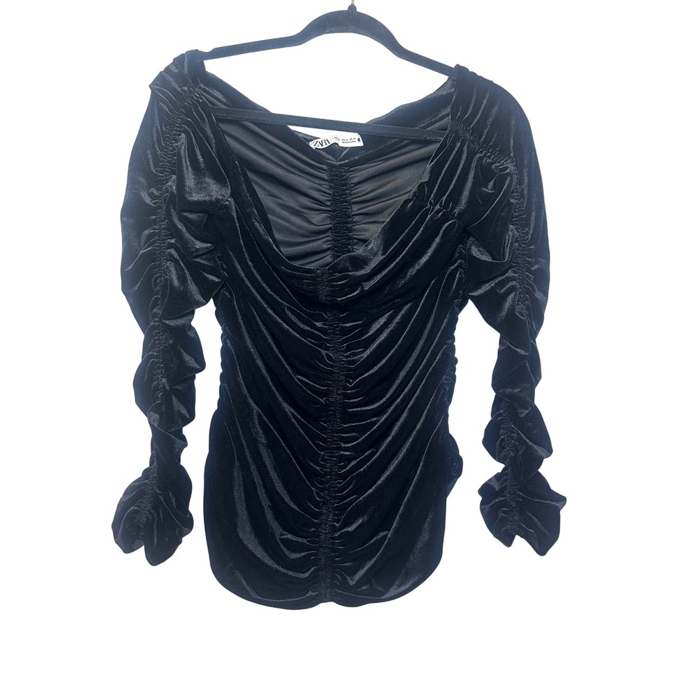 Zara Womens Black Velvet Ruched Long Sleeve V-Neck Top Size XL Night Out Glam
